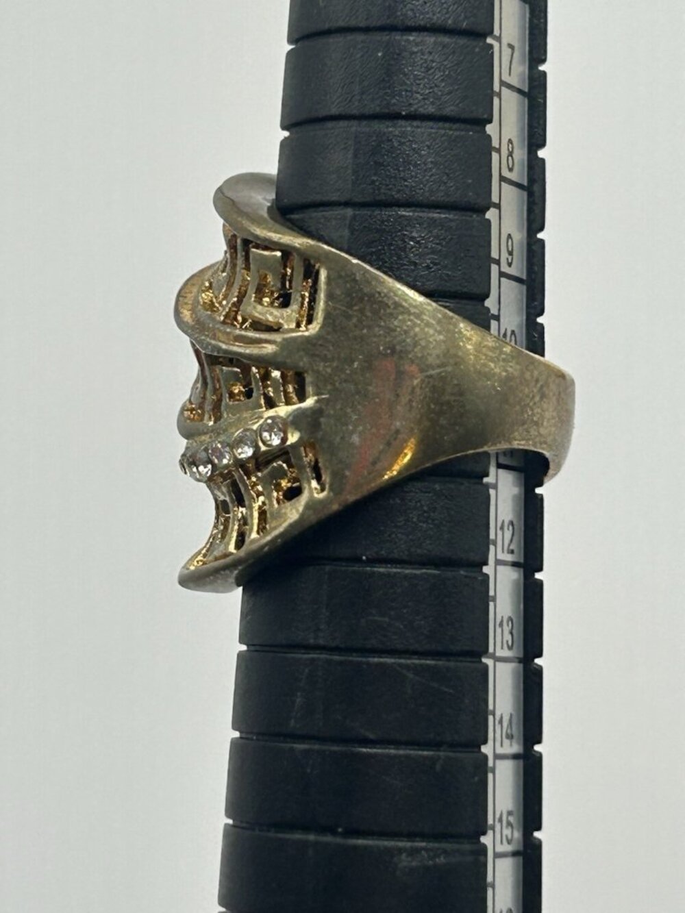 Vintage Greek Key Rhinestone Wide Band Costume Ring Gold Tone Size 5 Chunky Fun - Picture 9 of 12